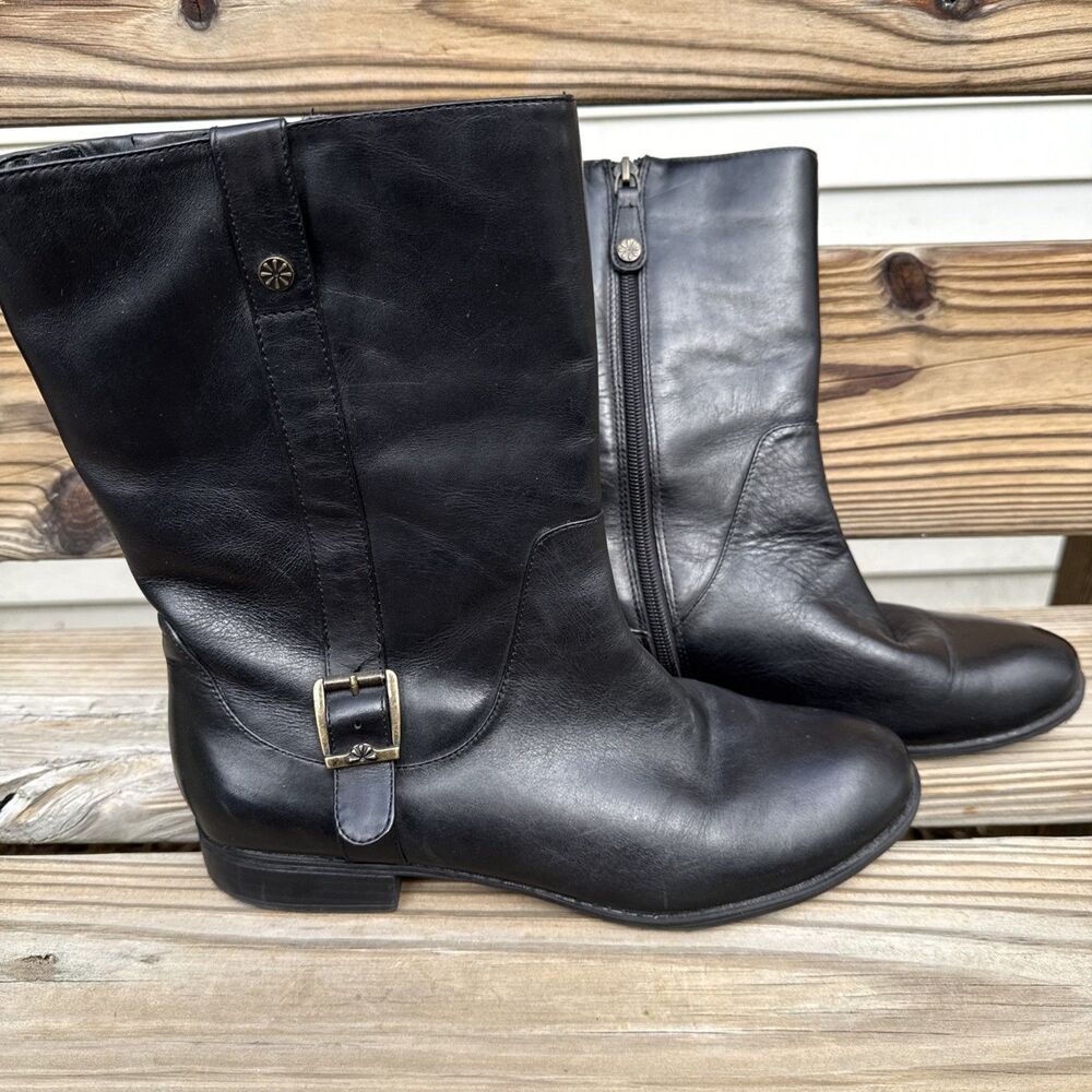 Isaac Mizrahi Black Leather Mid Calf Boots Stretch Panel Zip 8.5
